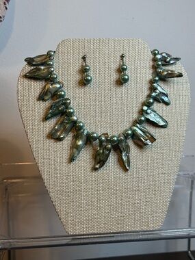 Baroque Stick Vintage Teal Pearl Necklace & Earrings